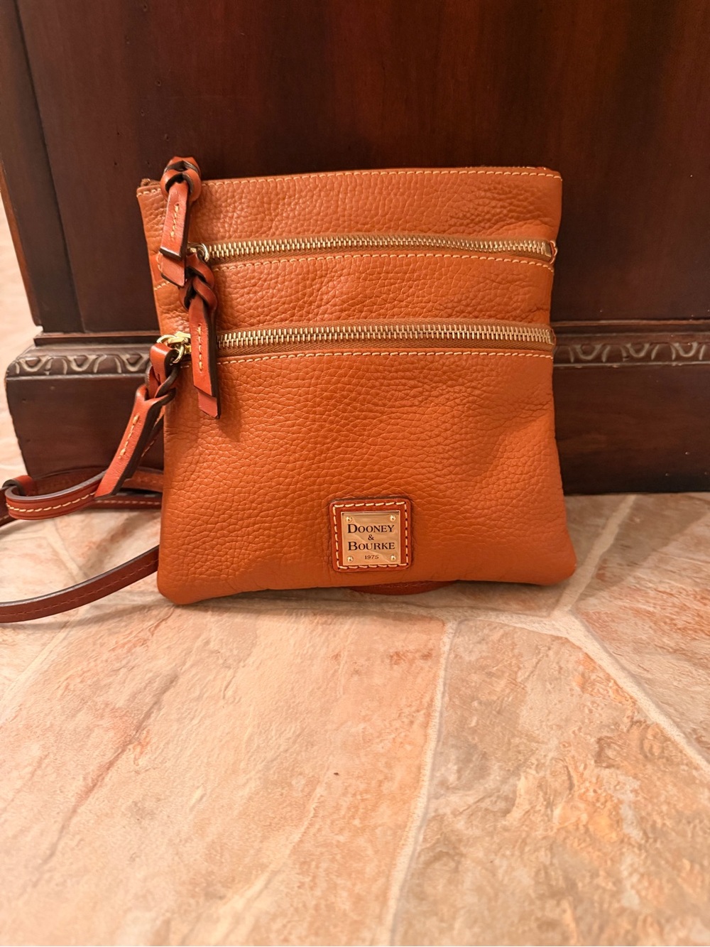 Dooney & Bourke Caramal Pebble Leather Crossbody Pouch with Dual Zips